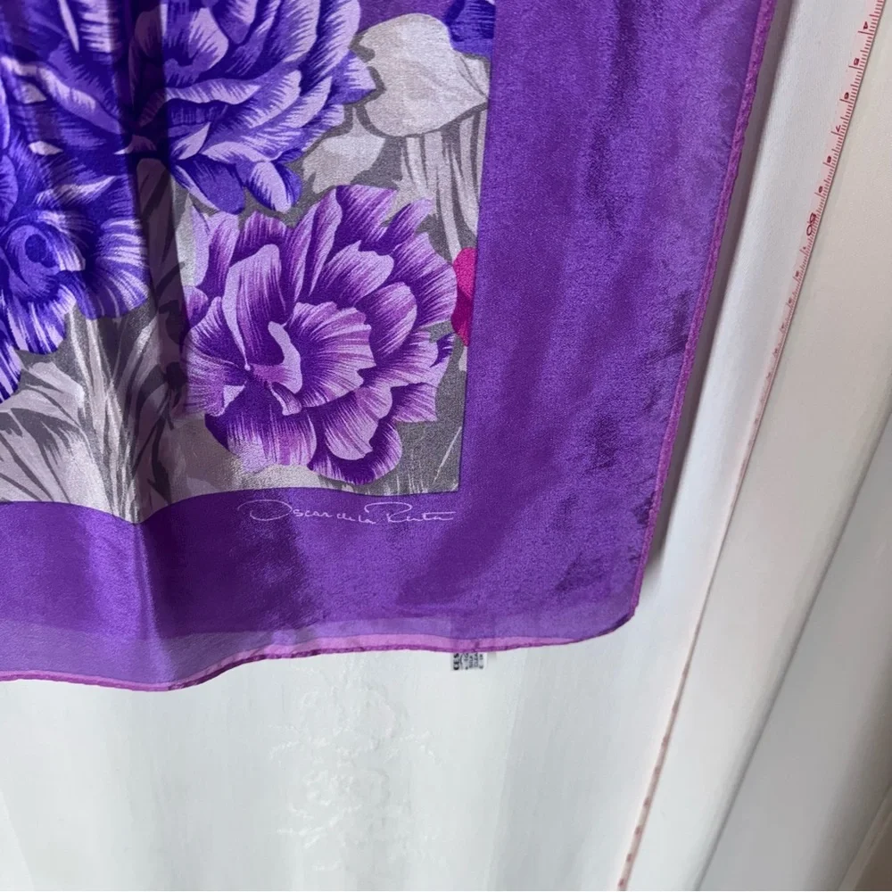 Vintage Oscar de la Renta Purple and Green Floral Scarf - Picture 2 of 5